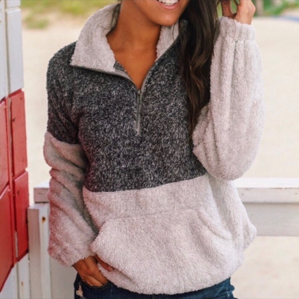 Two tone Colorblock Sherpa plush pullover half zip sweater